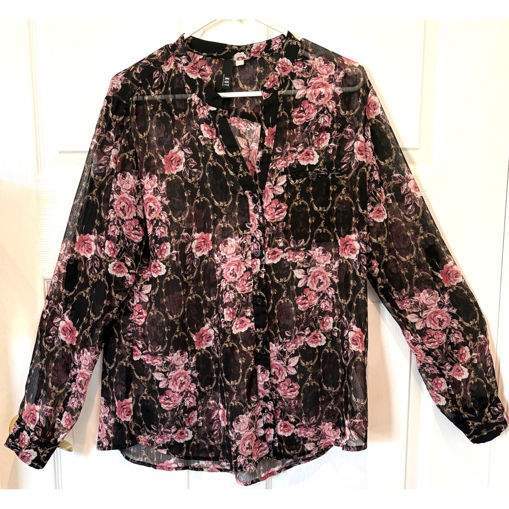 KUT from the Kloth Sheer Button Front Blouse Size Large Black Pink Rose Floral